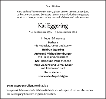 Traueranzeige von Kai Eggering von Neue Osnabrücker Zeitung GmbH & Co. KG