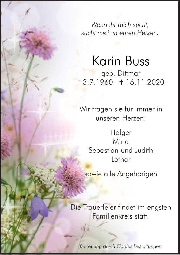  Traueranzeige für Karin Buss vom 18.11.2020 aus Neue Osnabrücker Zeitung GmbH & Co. KG