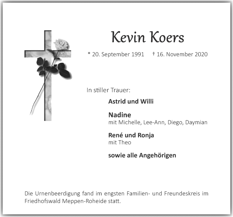  Traueranzeige für Kevin Koers vom 28.11.2020 aus Neue Osnabrücker Zeitung GmbH & Co. KG