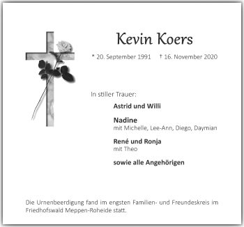 Traueranzeige von Kevin Koers von Neue Osnabrücker Zeitung GmbH & Co. KG