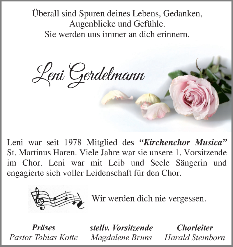  Traueranzeige für Leni Gerdelmann vom 14.11.2020 aus Neue Osnabrücker Zeitung GmbH & Co. KG