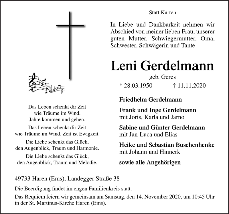  Traueranzeige für Leni Gerdelmann vom 13.11.2020 aus Neue Osnabrücker Zeitung GmbH & Co. KG