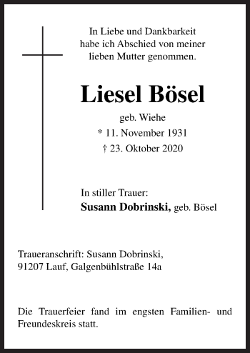 Traueranzeige von Liesel Bösel von Neue Osnabrücker Zeitung GmbH & Co. KG