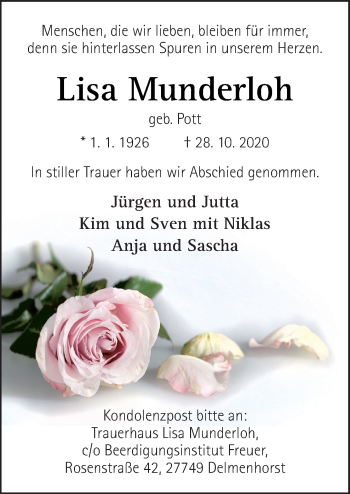 Traueranzeige von Lisa Munderloh von Neue Osnabrücker Zeitung GmbH & Co. KG