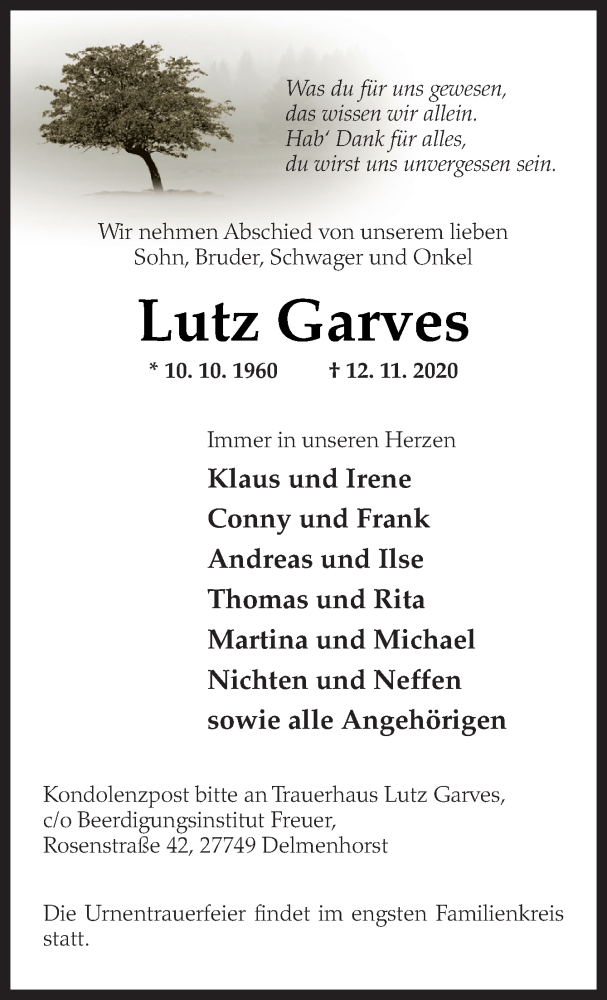  Traueranzeige für Lutz Garves vom 20.11.2020 aus Neue Osnabrücker Zeitung GmbH & Co. KG
