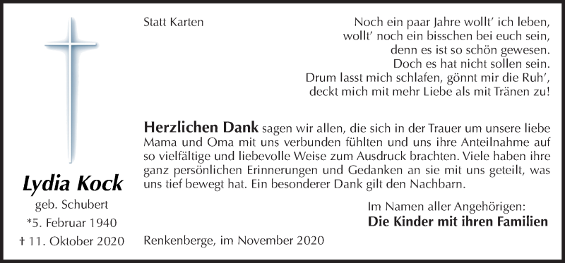  Traueranzeige für Lydia Kock vom 25.11.2020 aus Neue Osnabrücker Zeitung GmbH & Co. KG