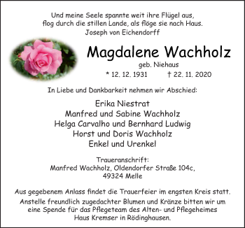 Traueranzeige von Magdalene Wachholz von Neue Osnabrücker Zeitung GmbH & Co. KG