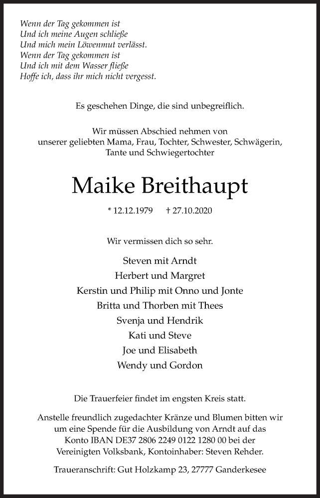  Traueranzeige für Maike Breithaupt vom 02.11.2020 aus Neue Osnabrücker Zeitung GmbH & Co. KG
