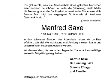 Traueranzeige von Manfred Saxe von Neue Osnabrücker Zeitung GmbH & Co. KG
