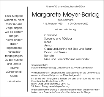 Traueranzeige von Margarete Meyer-Barlag von Neue Osnabrücker Zeitung GmbH & Co. KG
