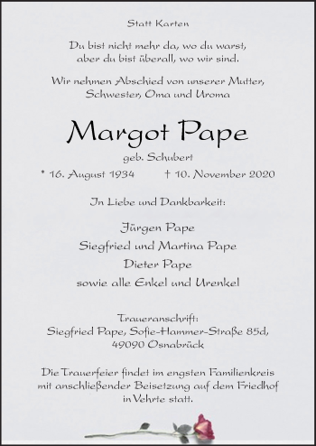 Traueranzeige von Margot Pape von Neue Osnabrücker Zeitung GmbH & Co. KG