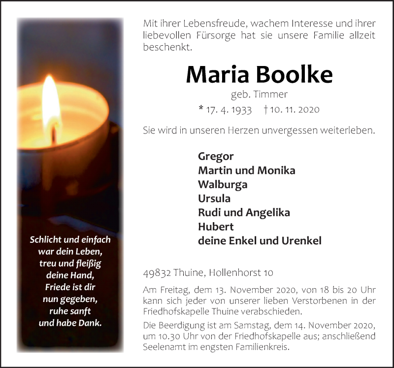  Traueranzeige für Maria Boolke vom 12.11.2020 aus Neue Osnabrücker Zeitung GmbH & Co. KG