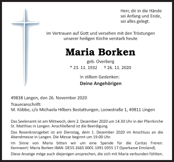 Traueranzeige von Maria Borken von Neue Osnabrücker Zeitung GmbH & Co. KG