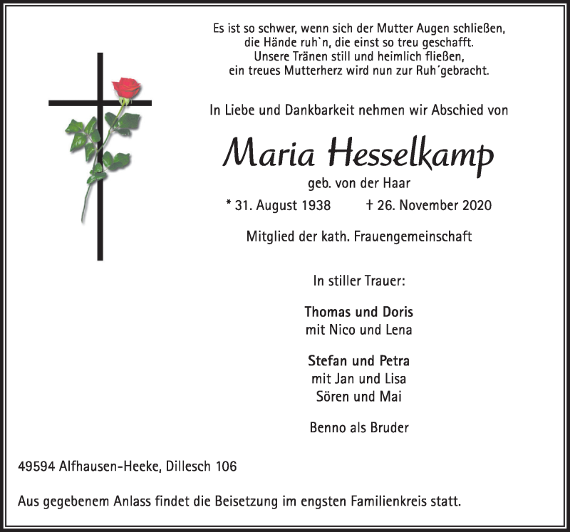  Traueranzeige für Maria Hesselkamp vom 28.11.2020 aus Neue Osnabrücker Zeitung GmbH & Co. KG