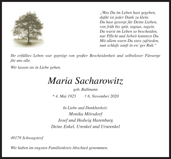 Traueranzeige von Maria Sacharowitz von Neue Osnabrücker Zeitung GmbH & Co. KG