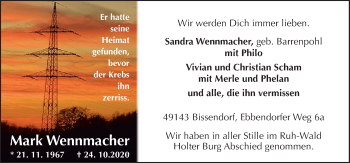 Traueranzeige von Mark Wennmacher von Neue Osnabrücker Zeitung GmbH & Co. KG