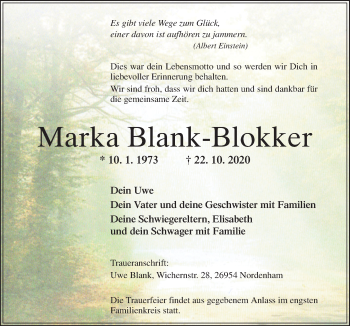 Traueranzeige von Marka Blank-Blokker von Neue Osnabrücker Zeitung GmbH & Co. KG