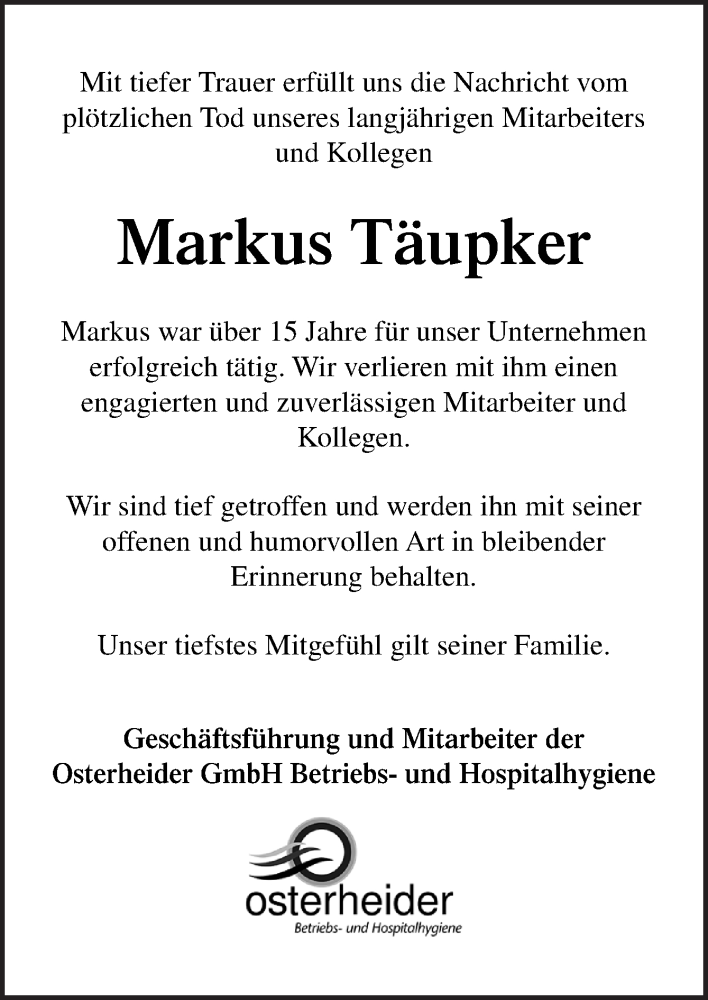  Traueranzeige für Markus Täupker vom 21.11.2020 aus Neue Osnabrücker Zeitung GmbH & Co. KG