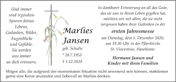 Traueranzeige von Marlies Jansen von Neue Osnabrücker Zeitung GmbH & Co. KG