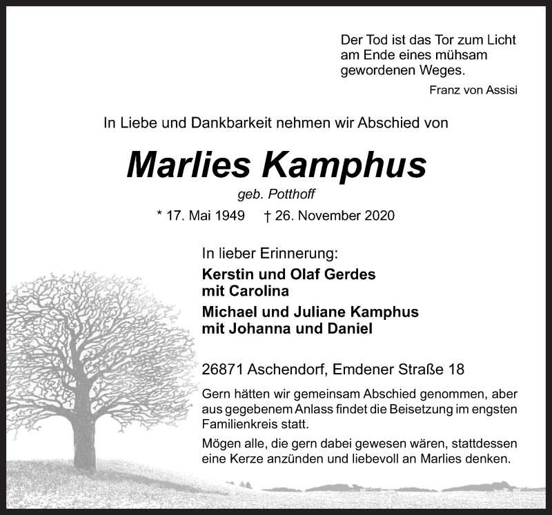  Traueranzeige für Marlies Kamphus vom 28.11.2020 aus Neue Osnabrücker Zeitung GmbH & Co. KG