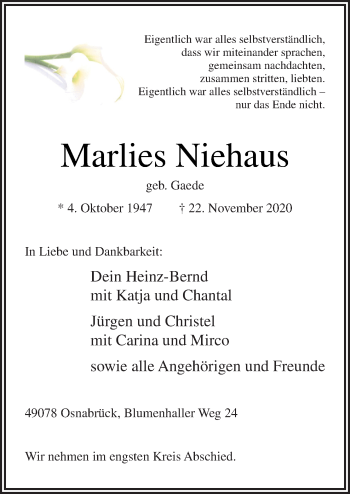 Traueranzeige von Marlies Niehaus von Neue Osnabrücker Zeitung GmbH & Co. KG