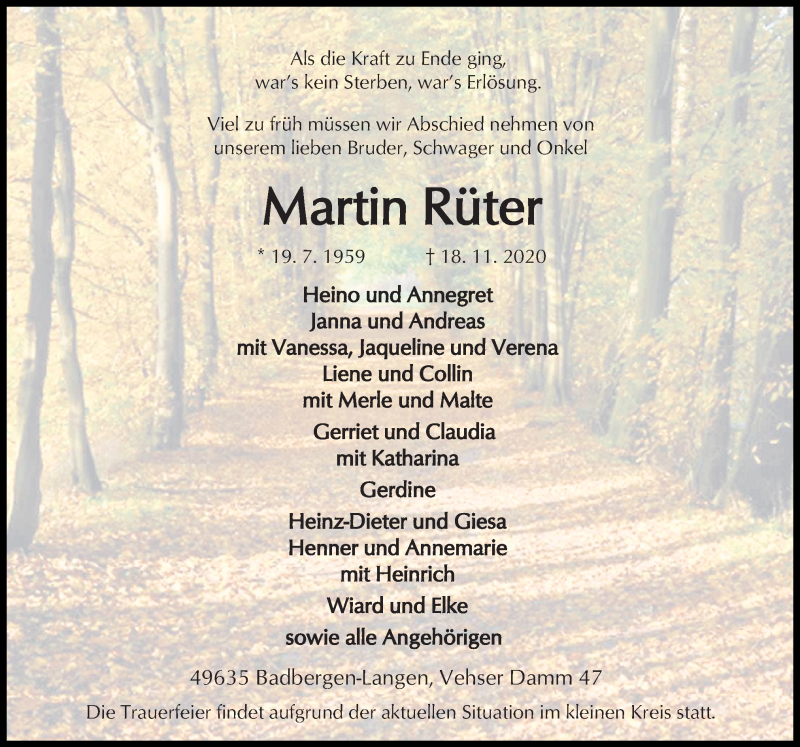  Traueranzeige für Martin Rüter vom 20.11.2020 aus Neue Osnabrücker Zeitung GmbH & Co. KG