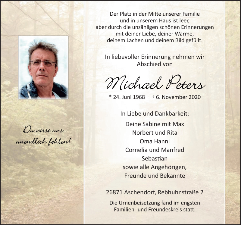  Traueranzeige für Michael Peters vom 21.11.2020 aus Neue Osnabrücker Zeitung GmbH & Co. KG