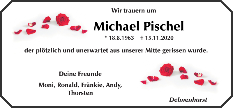  Traueranzeige für Michael Pischel vom 20.11.2020 aus Neue Osnabrücker Zeitung GmbH & Co. KG
