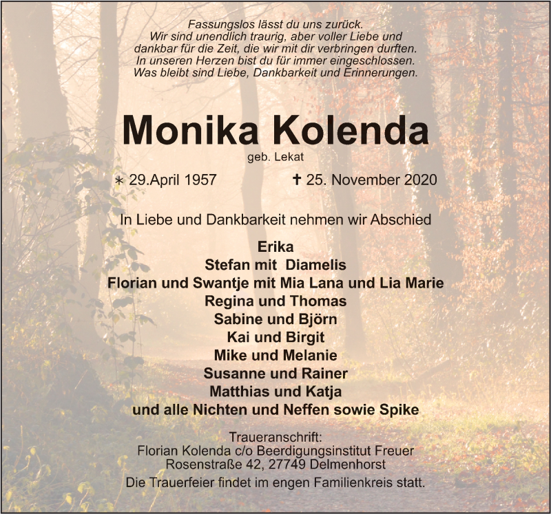  Traueranzeige für Monika Kolenda vom 28.11.2020 aus Neue Osnabrücker Zeitung GmbH & Co. KG
