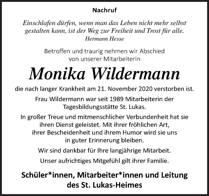  Traueranzeige für Monika Wildermann vom 28.11.2020 aus Neue Osnabrücker Zeitung GmbH & Co. KG