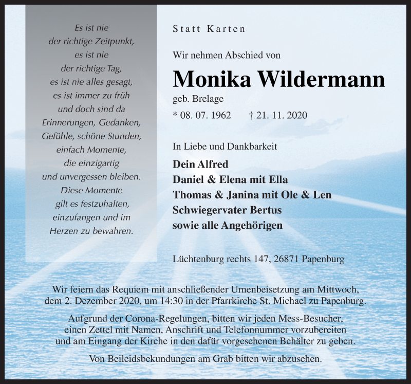  Traueranzeige für Monika Wildermann vom 25.11.2020 aus Neue Osnabrücker Zeitung GmbH & Co. KG