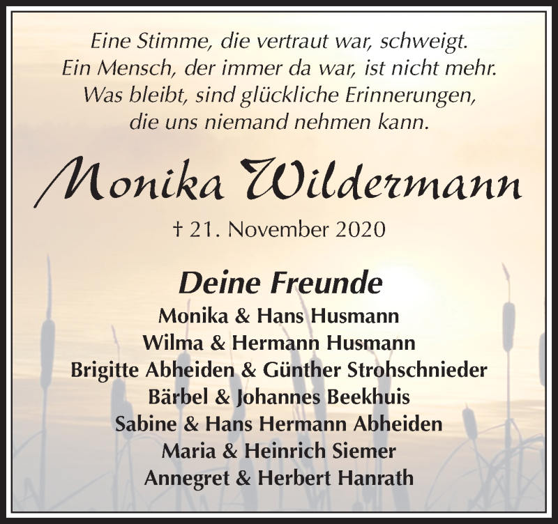  Traueranzeige für Monika Wildermann vom 28.11.2020 aus Neue Osnabrücker Zeitung GmbH & Co. KG