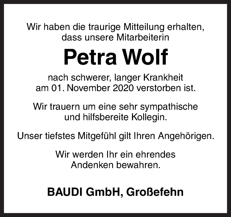  Traueranzeige für Petra Wolf vom 06.11.2020 aus Neue Osnabrücker Zeitung GmbH & Co. KG