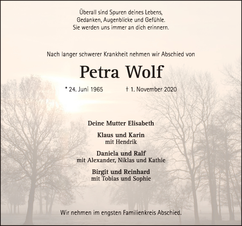  Traueranzeige für Petra Wolf vom 04.11.2020 aus Neue Osnabrücker Zeitung GmbH & Co. KG