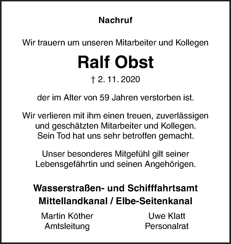  Traueranzeige für Ralf Obst vom 21.11.2020 aus Neue Osnabrücker Zeitung GmbH & Co. KG