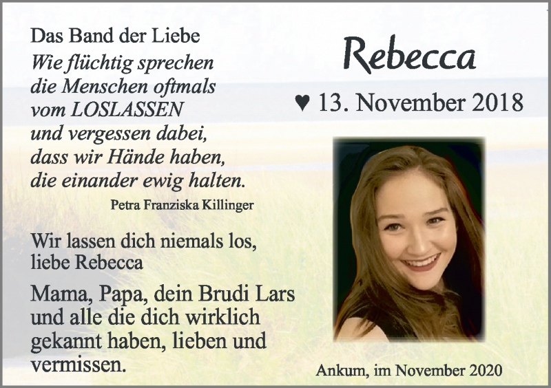  Traueranzeige für Rebecca Fleddermann vom 13.11.2020 aus Neue Osnabrücker Zeitung GmbH & Co. KG