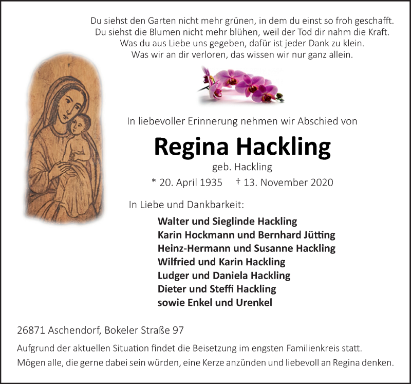  Traueranzeige für Regina Hackling vom 16.11.2020 aus Neue Osnabrücker Zeitung GmbH & Co. KG