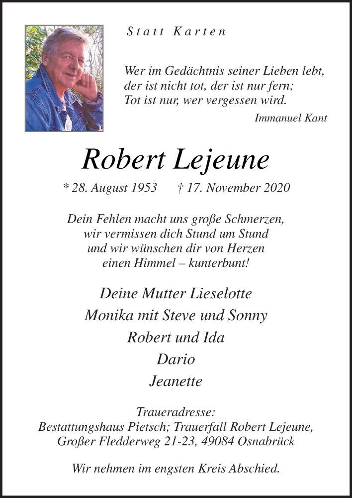  Traueranzeige für Robert Lejeune vom 21.11.2020 aus Neue Osnabrücker Zeitung GmbH & Co. KG