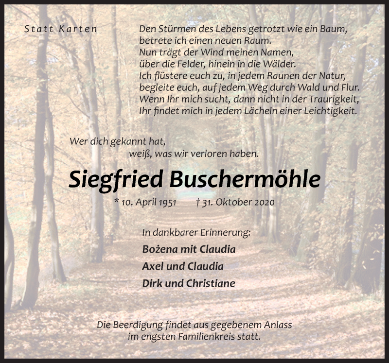  Traueranzeige für Siegfried Buschermöhle vom 03.11.2020 aus Neue Osnabrücker Zeitung GmbH & Co. KG