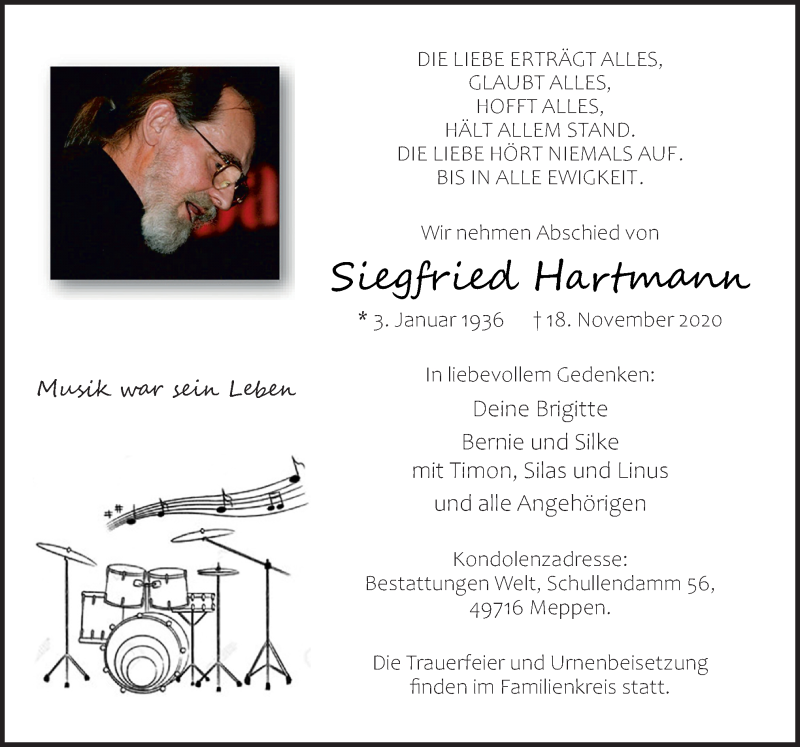  Traueranzeige für Siegfried Hartmann vom 23.11.2020 aus Neue Osnabrücker Zeitung GmbH & Co. KG