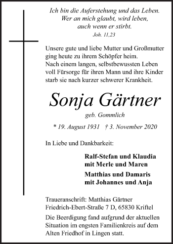 Traueranzeige von Sonja Gärtner von Neue Osnabrücker Zeitung GmbH & Co. KG