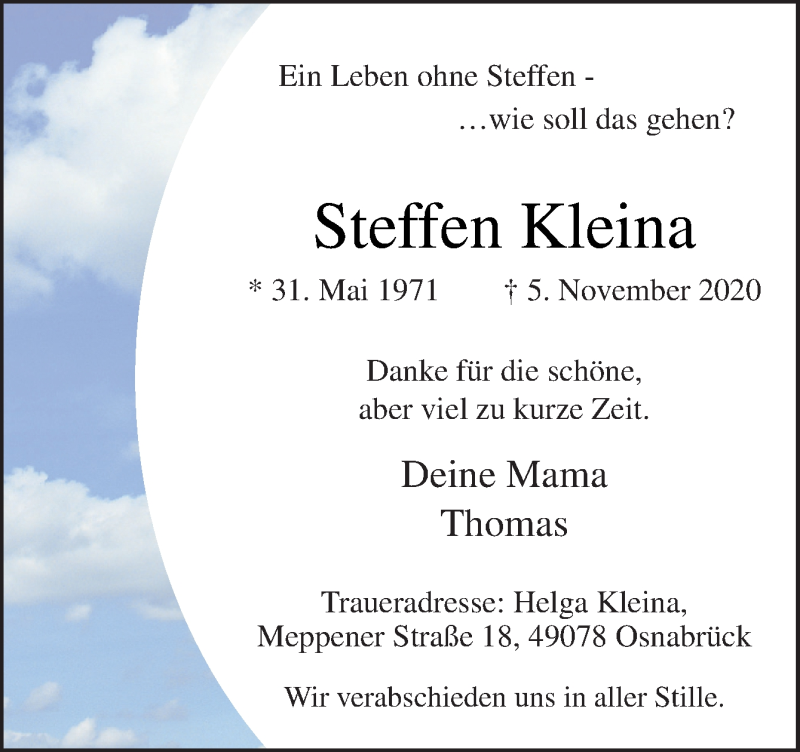  Traueranzeige für Steffen Kleina vom 14.11.2020 aus Neue Osnabrücker Zeitung GmbH & Co. KG