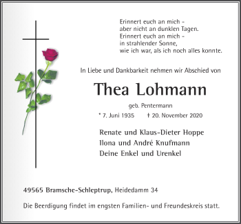 Traueranzeige von Thea Lohmann von Neue Osnabrücker Zeitung GmbH & Co. KG