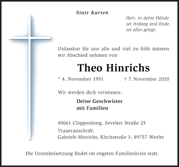 Traueranzeige von Theo Hinrichs von Neue Osnabrücker Zeitung GmbH & Co. KG