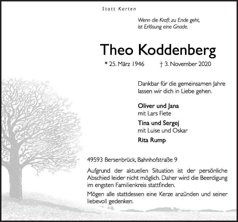  Traueranzeige für Theo Koddenberg vom 07.11.2020 aus Neue Osnabrücker Zeitung GmbH & Co. KG