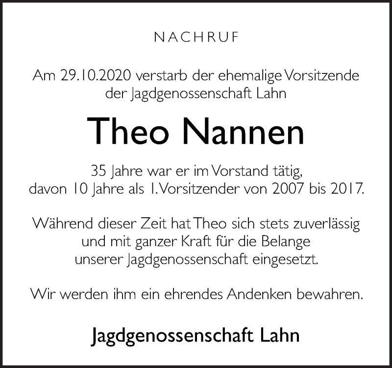  Traueranzeige für Theo Nannen vom 03.11.2020 aus Neue Osnabrücker Zeitung GmbH & Co. KG