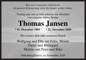 Traueranzeige von Thomas Jansen von Neue Osnabrücker Zeitung GmbH & Co. KG