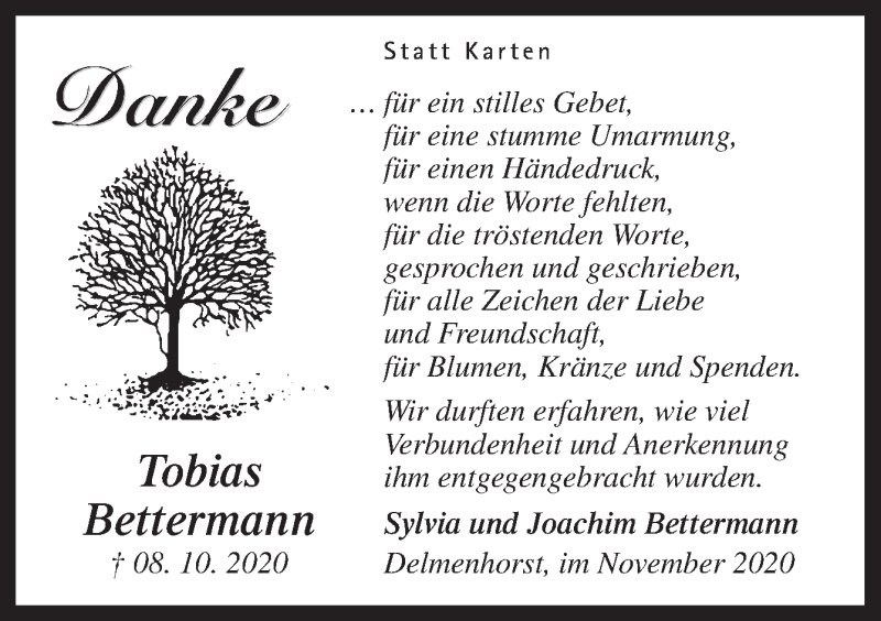  Traueranzeige für Tobias Bettermann vom 07.11.2020 aus Neue Osnabrücker Zeitung GmbH & Co. KG