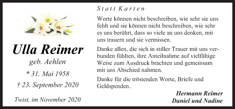  Traueranzeige für Ulla Reimer vom 07.11.2020 aus Neue Osnabrücker Zeitung GmbH & Co. KG