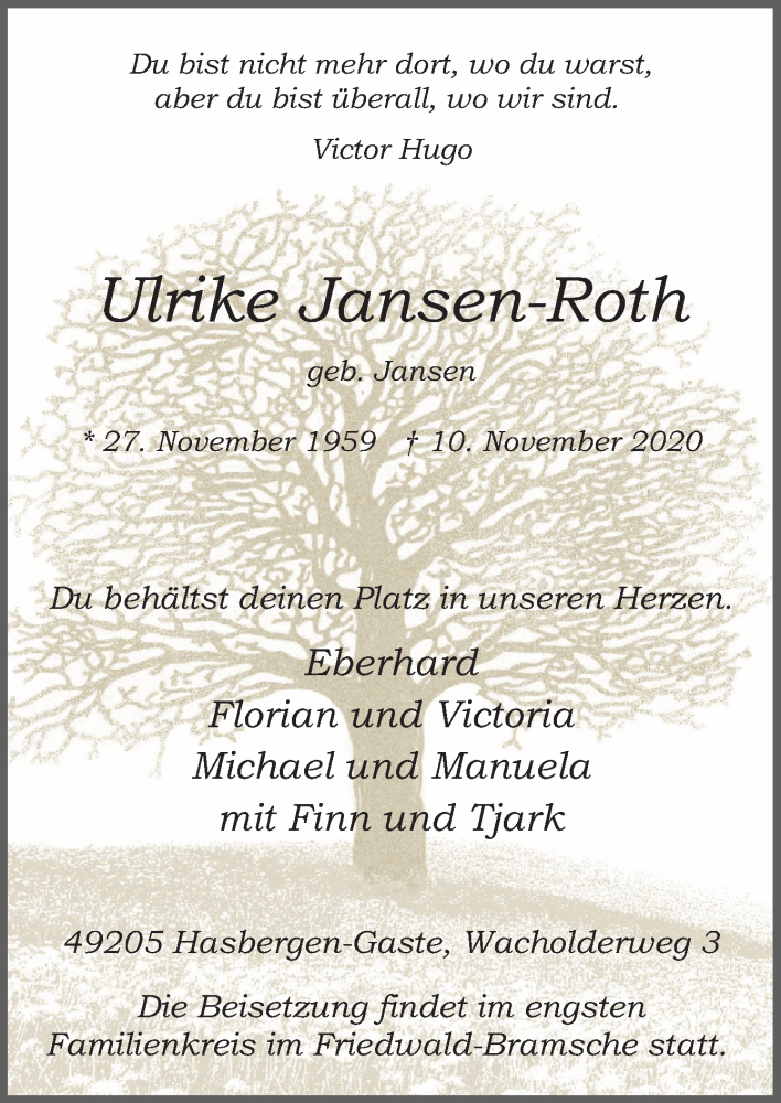  Traueranzeige für Ulrike Jansen-Roth vom 14.11.2020 aus Neue Osnabrücker Zeitung GmbH & Co. KG